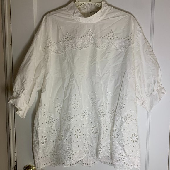 Zara Tops Zara White Floral Eyelet High Neck Puff Sleeve Blouse